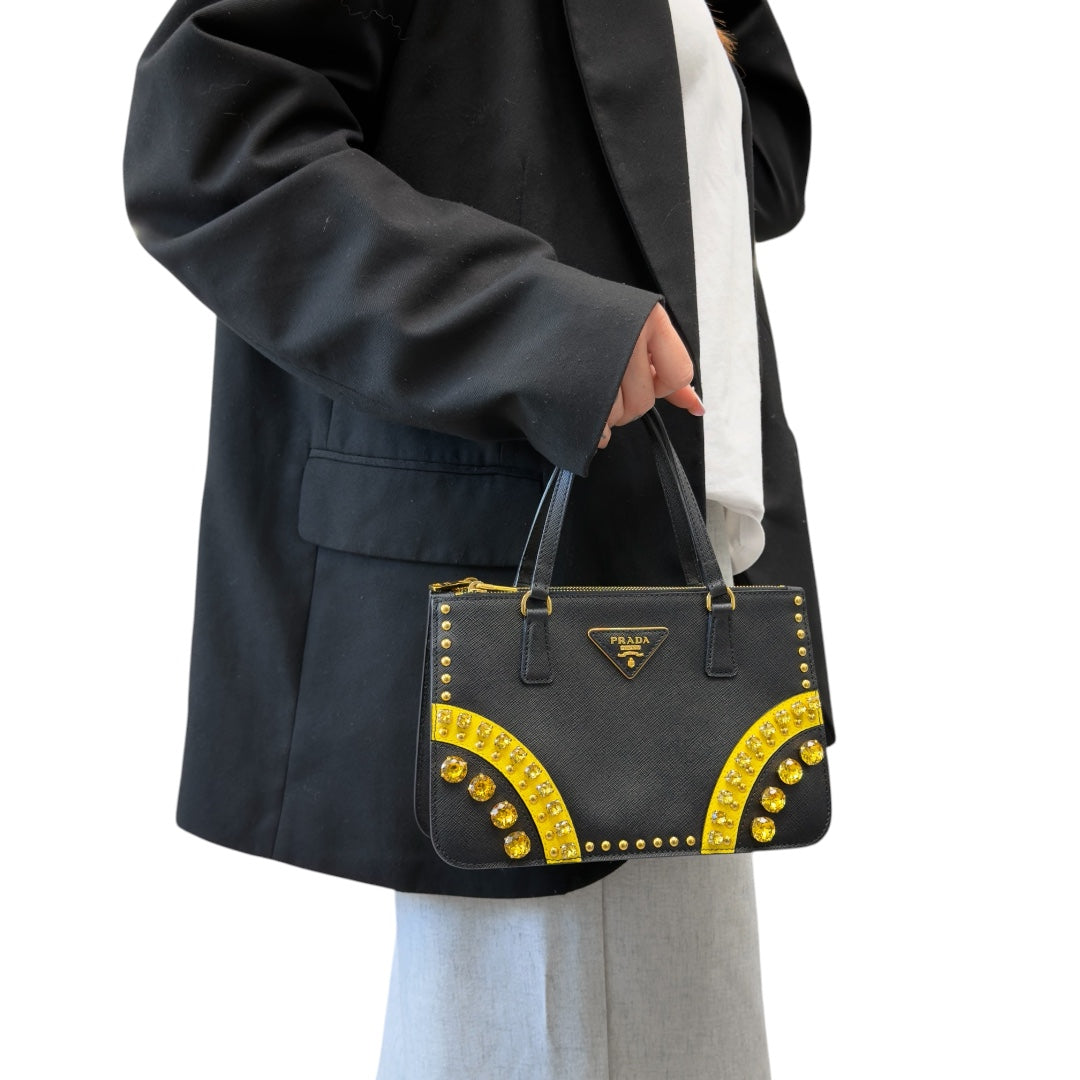 Prada Mini Tote Nera in Saffiano e Gemme