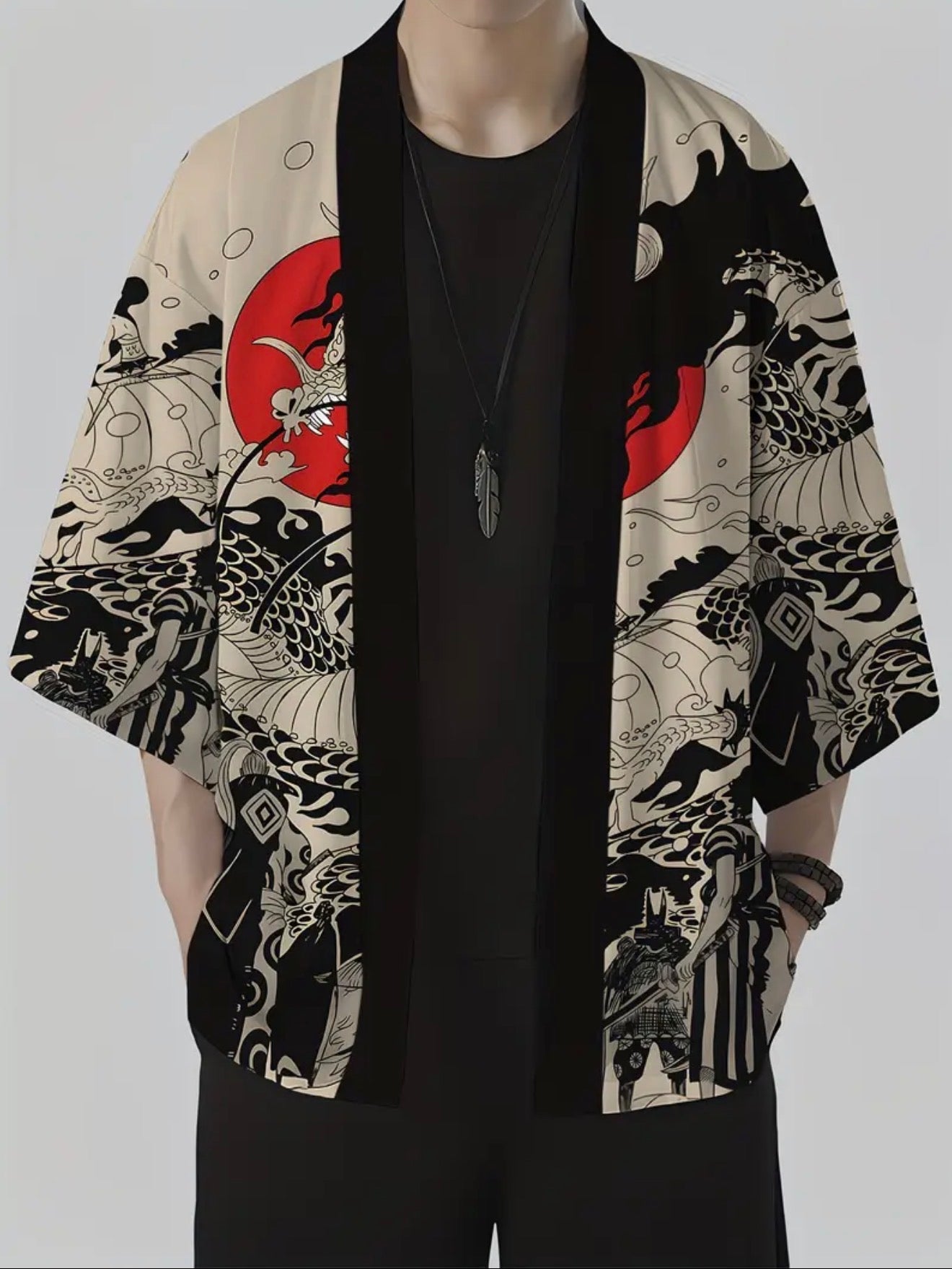 Cardigan Kimono da Uomo con Stampa Drago Vintage