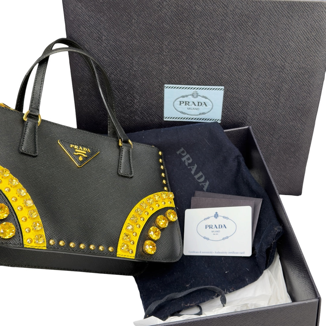 Prada Mini Tote Nera in Saffiano e Gemme